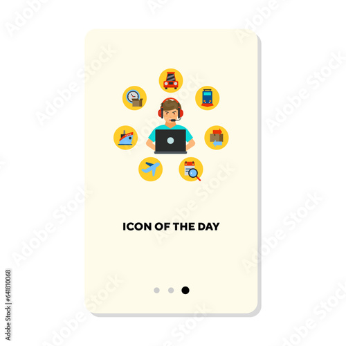 Logistics vector icon. Speaking at computer, delivery operator isolated sign. Worldwide business, shipment concept. Vector illustration symbol elements for web design