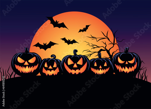 Vector bright banner pumpkin night for halloween on the background of the moon