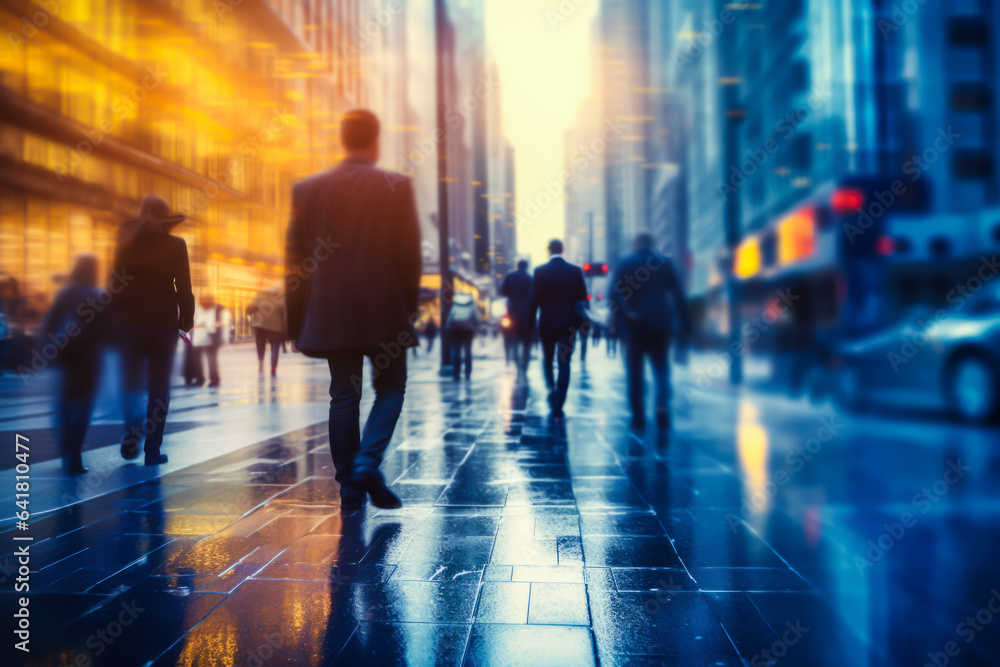 Businesspeople walking in the street of a downtown center, pronounced motion blur.  illustration of busy life concept