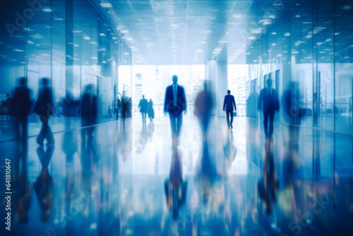 Businesspeople walking in the corridor of a business center, pronounced motion blur. illustration of busy life concept