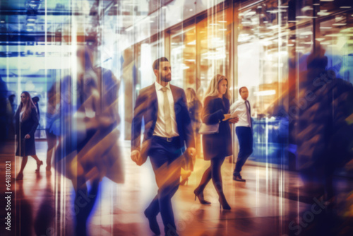 Businesspeople walking in the corridor of a business center, pronounced motion blur. illustration of busy life concept