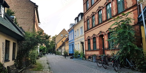 Street with traditional scandinavian architecture in the old part of Lund  Sweden