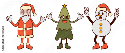 santa claus, Christmas tree, snowman retro cartoon