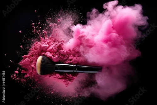 makeup brush explodes in a cloud of pink powder on a black background