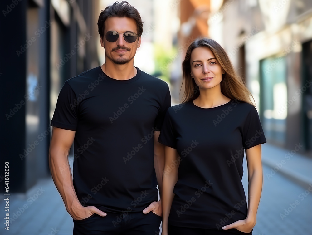 A couple boyfriend and girlfriend wearing blank black matching t-shirts mockup for design template