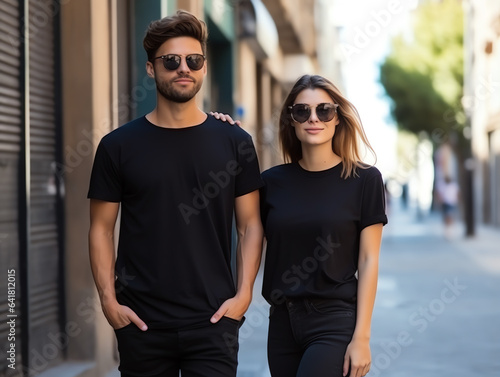A couple boyfriend and girlfriend wearing blank black matching t-shirts mockup for design template © Pemika