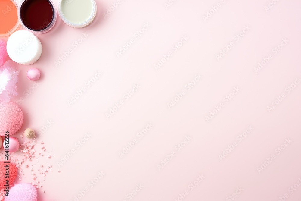 Top view. face cosmetics and an empty space for text on a pink background