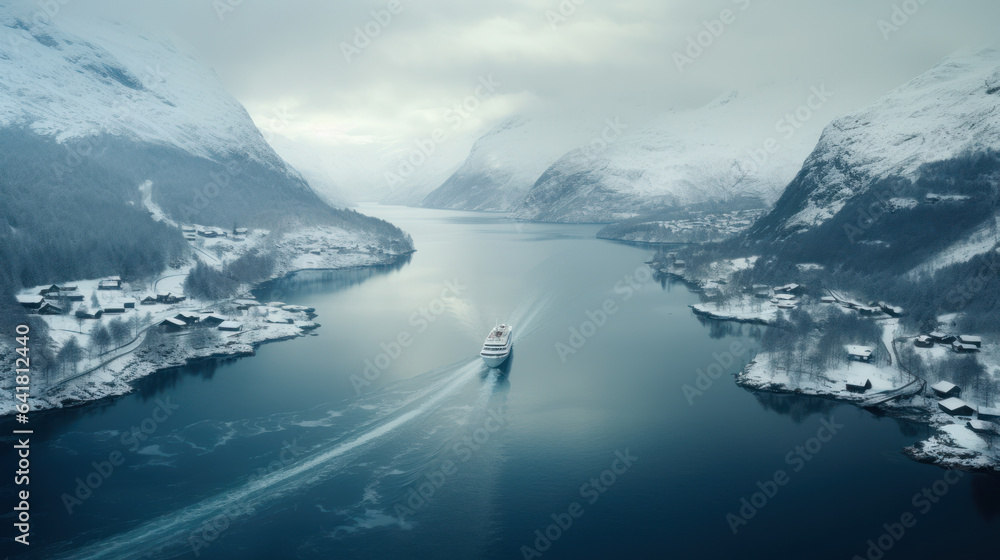 Aerial view of boat winter in the Geirangerfjord, Norway