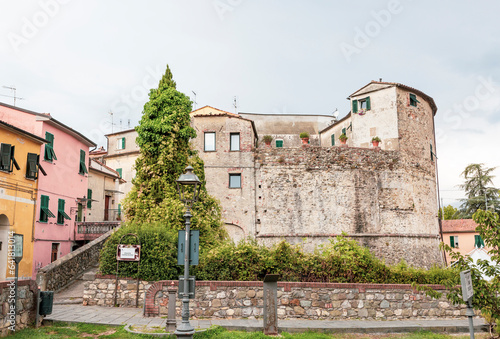 Fototapeta Naklejka Na Ścianę i Meble -  Dario Capolicchio square with a view to the San Francesco Tower in Sarzana, Province of La Spezia, Liguria, Italy