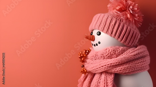 Frosty creation Snowman adorned with a fashionable pink scarf and hat on the peach background  with copy space. generative ai