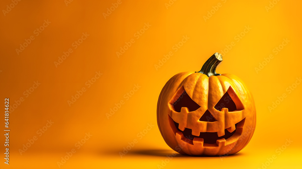 Carved Halloween pumpkin with a spooky face against a vibrant orange background, copy space. generative ai Carved Halloween pumpkin with a spooky face against a vibrant orange background, copy space. generative ai