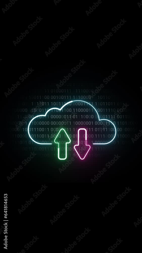 Animated video of Secure file storage in the cloud. Neon icon of uploading and downloading files to the cloud and binary code. Virtual file hosting. Animated video of Secure file storage in the cloud. Neon icon of uploading and downloading files to the cloud and binary code. Virtual file hosting.