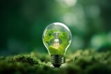 Renewable Energy.Environmental protection, renewable, sustainable energy sources. Green world map on the light bulb on green background .green energy, Generative AI