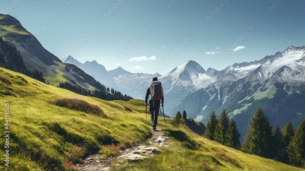 Male hiker, full body, view from behind, walking on a trail in the alps