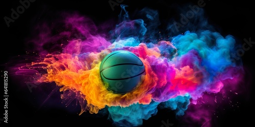 basketball in explosion of colored neon powder isolated on black background   Generative AI © Kay