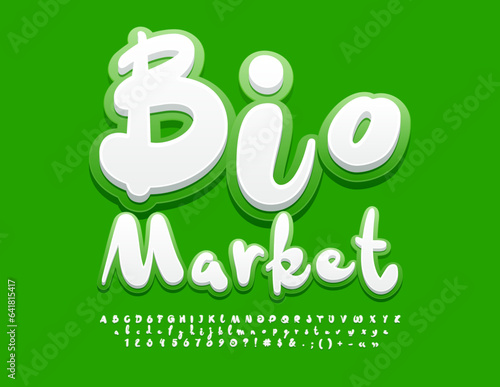 Fototapeta Naklejka Na Ścianę i Meble -  Vector fresh template Bio Market. `White and Green handwritten Font. Funny Bright Alphabet Letters, Numbers and Symbols