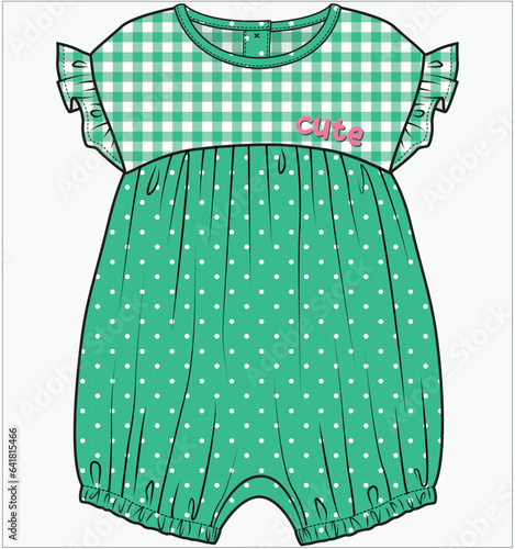FRILL CONTRAST FABRIC JUMPSUIT, PLAYSUIT, ROMPER, ONESIES DESIGN FOR BABIES, INFANT GIRL AND TODDLER GIRLS IN VECTOR ILLUSTRATION