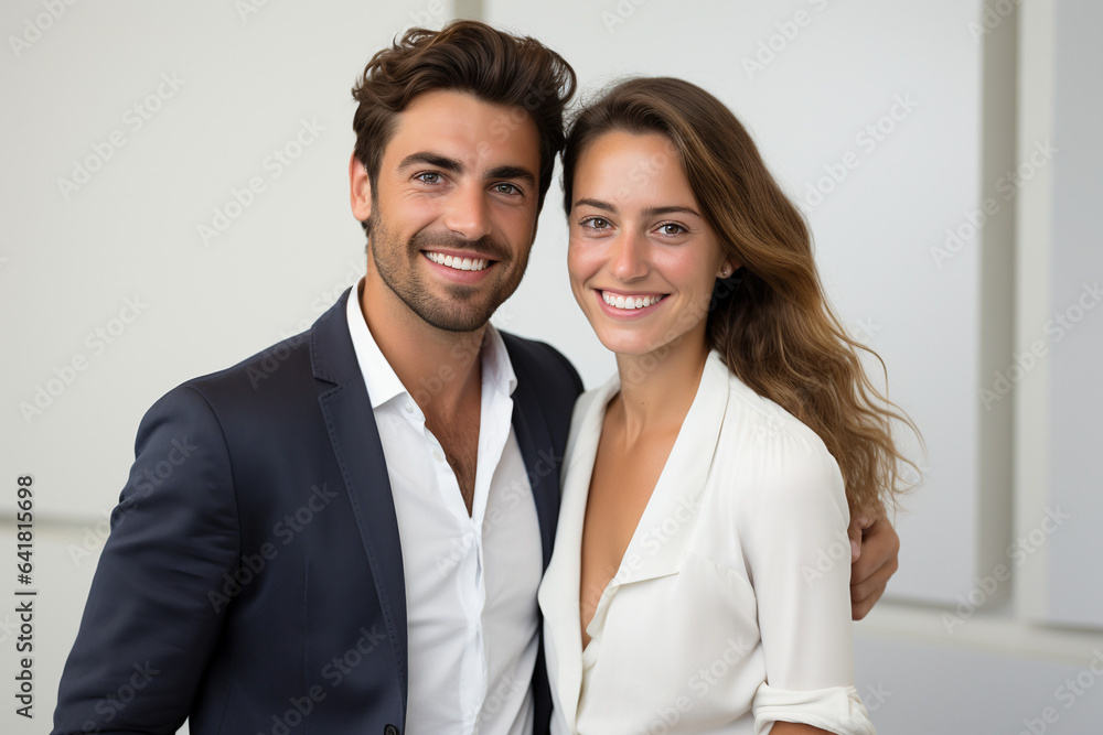 Business portrait of couple in suit and white shirts, work team, smiling and standing at the white background Business portrait of couple in suit and white shirts, work team, smiling and standing at the white background