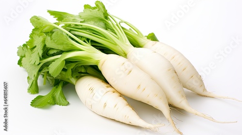 Group of Three Long Daikon Radishes Isolated on White Background - Fresh East Asian Root Food for Healthy Diet with Green Leaf Tops