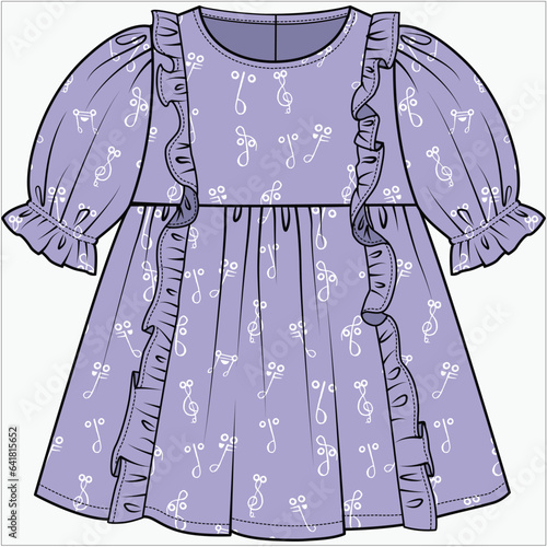 PUFF SLEEVES FLOUNCE WOVEN DRESS WITH FRILL DETAIL IN ALL OVER MUSIC NODES PATTERN DESIGNED FOR INFANT GIRL TODDLER GIRL AND BABY GIRLS IN VECTOR ILLUSTRATION