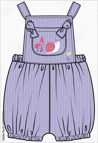 ELASTICATED HEMLINE BABY DUNAGREE WITH SNAIL EMBROIDERY DUNGAREE DESIGN FOR BABIES, INFANT GIRL AND TODDLER GIRLS IN VECTOR ILLUSTRATION