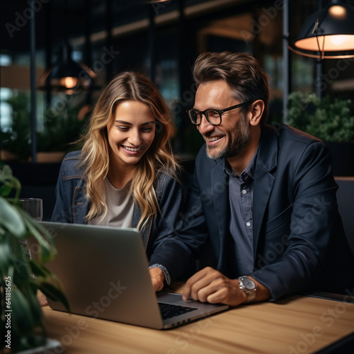 Business portrait of couple - man and woman in suits, work team, smiling and sitting the office desk with laptop, looking to computer