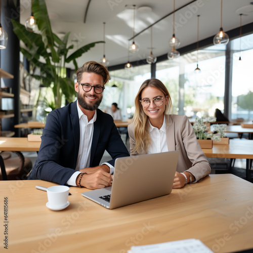 Business portrait of couple - man and woman in suits, work team, smiling and sitting the office desk with laptop, looking to camera in bright interior