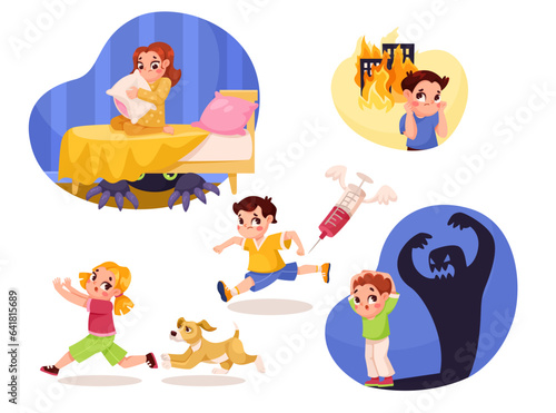 Childhood Fears with Little Kid Character Afraid of Fire, Monster, Syringe and Dog Vector Set