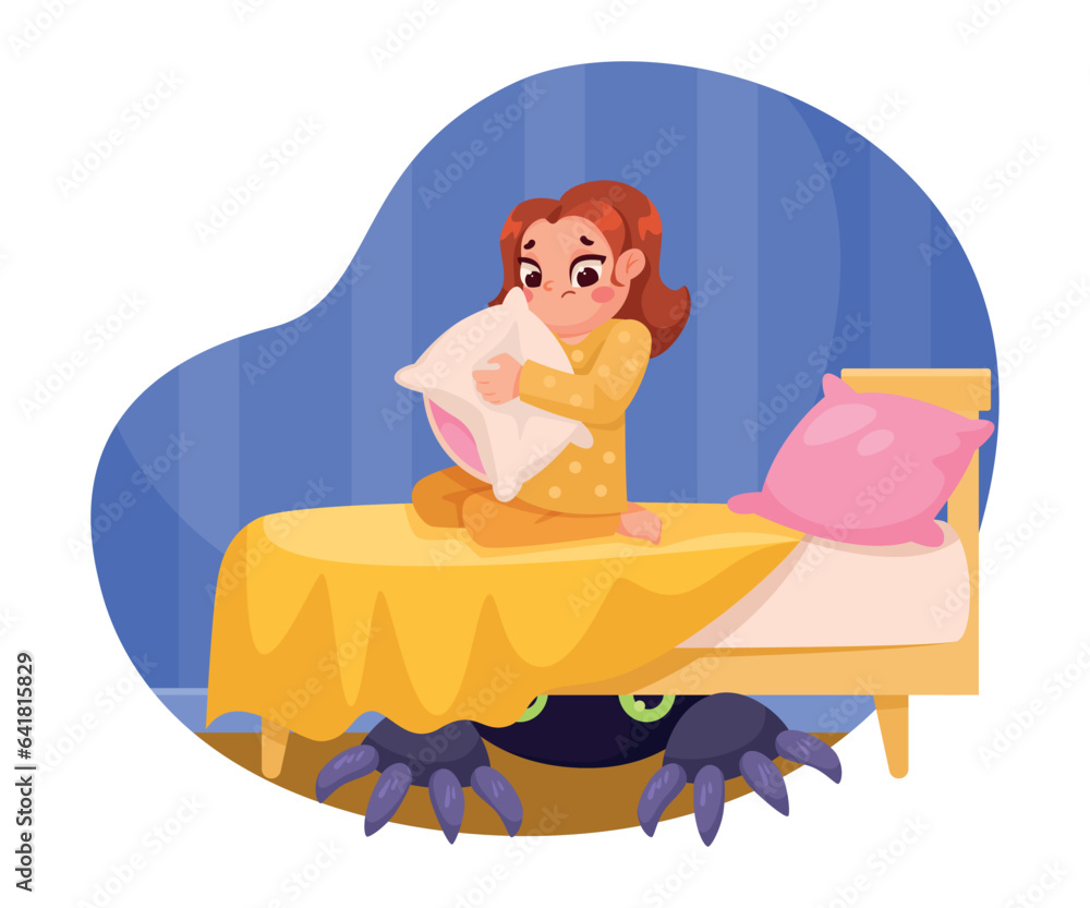 Childhood Fear with Little Girl Character Afraid of Monster Under Bed Vector Illustration