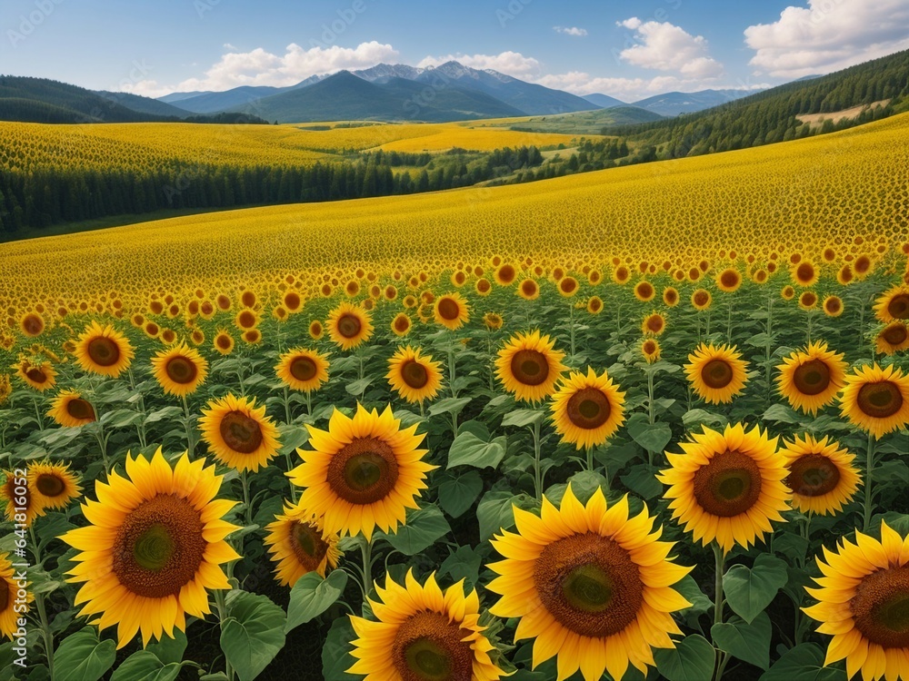 Fototapeta premium Beautiful sunflowers field on a background. Sunset and blue sky, landscape scenery. Generative AI