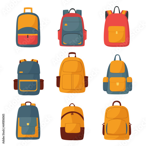 Set of school backpacks, school bags. Front view travel bags in cartoon flat style. Isolated vector illustration