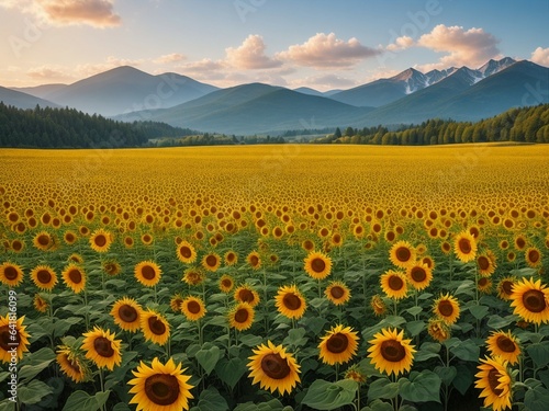 Beautiful sunflowers field on a background. Sunset and blue sky, landscape scenery. Generative AI