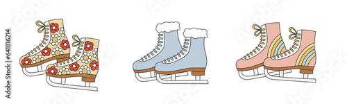 Set of ice skates in retro groovy style. Figure skates collection for Christmas winter design. Isolated vector illustration