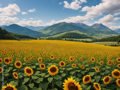 Beautiful sunflowers field on a background. Sunset and blue sky, landscape scenery. Generative AI