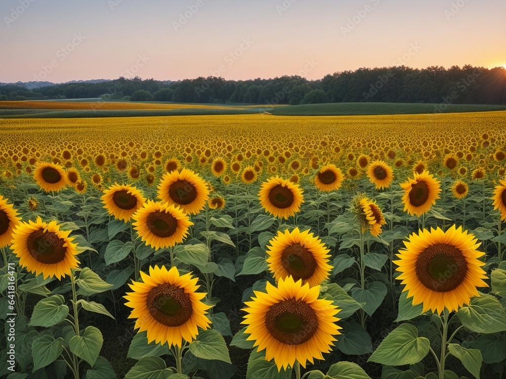 Fototapeta premium Beautiful sunflowers field on a background. Sunset and blue sky, landscape scenery. Generative AI