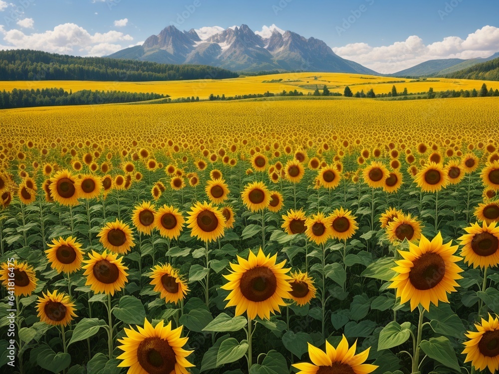 Obraz premium Beautiful sunflowers field on a background. Sunset and blue sky, landscape scenery. Generative AI