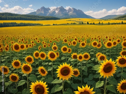 Beautiful sunflowers field on a background. Sunset and blue sky  landscape scenery. Generative AI