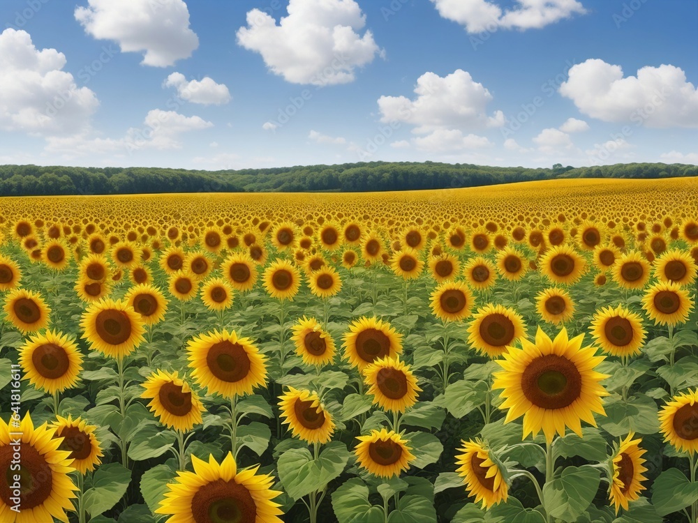 Fototapeta premium Beautiful sunflowers field on a background. Sunset and blue sky, landscape scenery. Generative AI