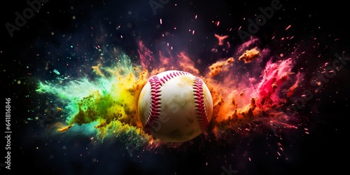 baseball in explosion of colored neon powder isolated on black background | Generative AI