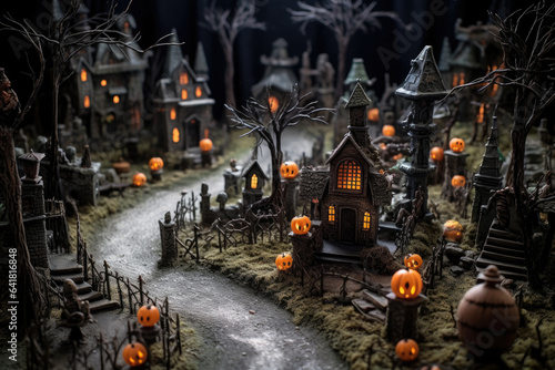 Halloween background with Scary Cute model in the spooky village scene, cemetery and gravestone on graveyard area at night.