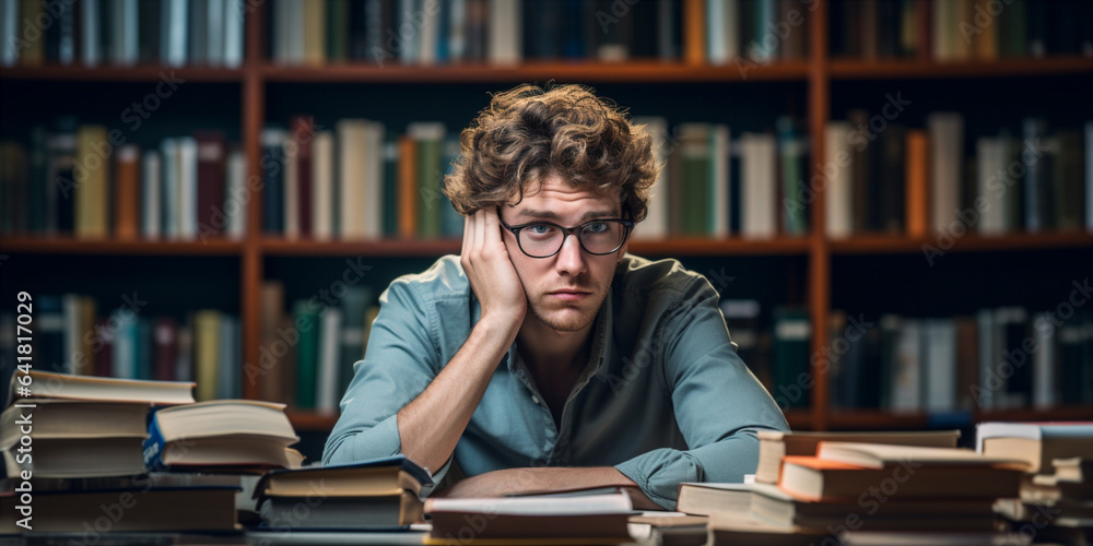 Student reads a book in the library. Student reads a book in the library.