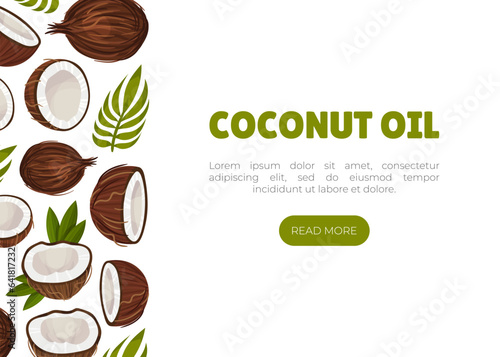 Coconut Oil Web Banner Design with Palm Leaf and Nut Shell Vector Template
