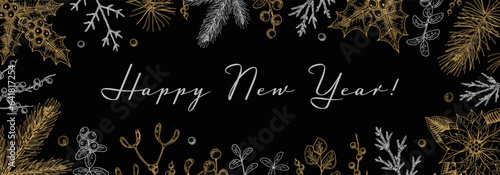 Merry Christmas and Happy New Year horizontal greeting card with hand drawn golden evergreen and mistletoe branches, holly berries on black background. Vector illustration in sketch style