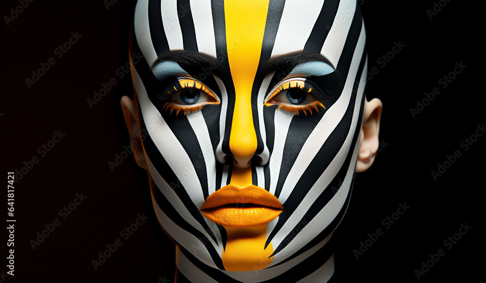 Fantasy face painting, zebra look, in yellow and black. AI generated Fantasy face painting, zebra look, in yellow and black. AI generated