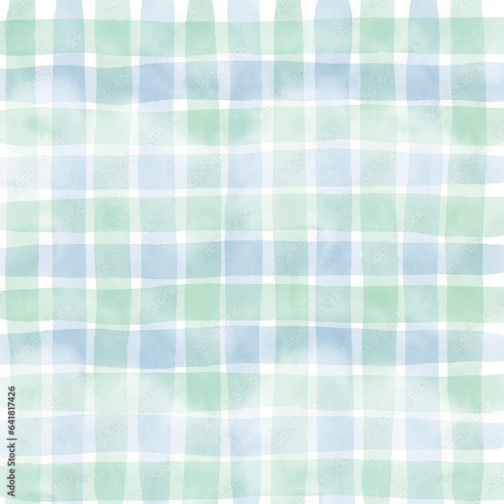 Fototapeta premium Green Blue Gingham Check Hand Drawn Background