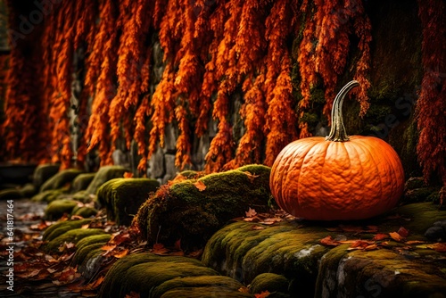 A lone Halloween pumpkin resting on a mossy stone wall, its rich orange hue contrasting with the weathered textures.