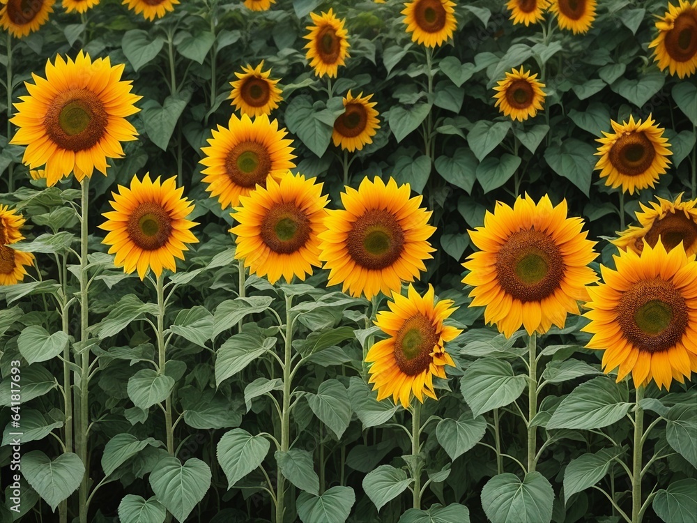 Beautiful sunflowers field on a background. Sunset and blue sky, landscape scenery. Generative AI Beautiful sunflowers field on a background. Sunset and blue sky, landscape scenery. Generative AI