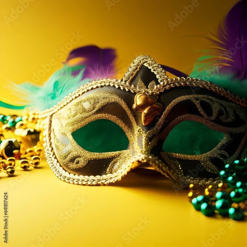 Mardi Gras mask and beads on a yellow background. The mask is gold and black with green and purple feathers on the sides. The beads are gold, green, and purple. The background is a solid yellow color.