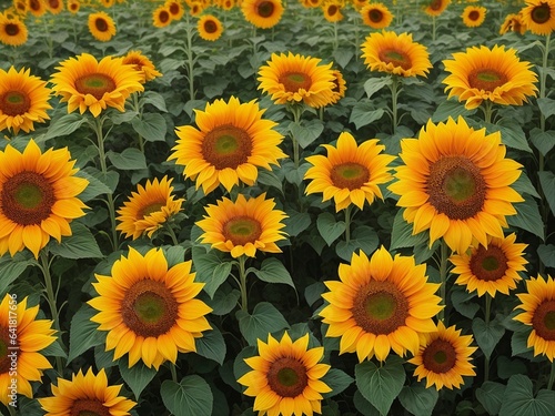 Beautiful sunflowers field on a background. Sunset and blue sky  landscape scenery. Generative AI