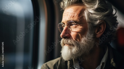 An evocative image of a senior man traveler looking out of a train window with a reflective expression, highlighting the contemplative moments that train journeys often bring © Татьяна Креминская